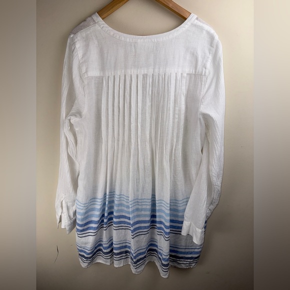 J. JILL Linen Blend Large White Blue Striped Pleated Tunic Top Coastal Beach - Picture 2 of 12